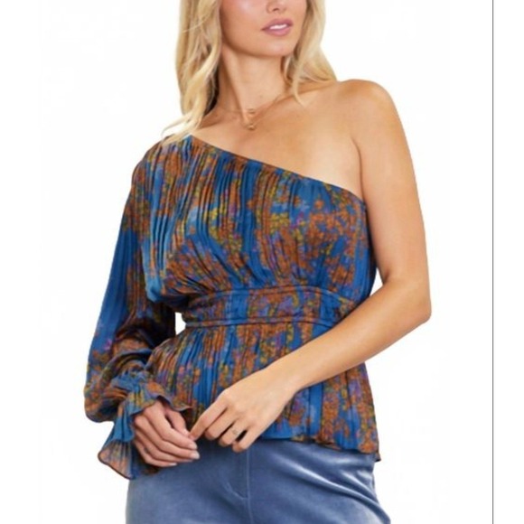 Skies Are Blue Tops - Skies Are Blue Women Blue Portofino 1 Shoulder Floral Pleated Peplum top NWT M